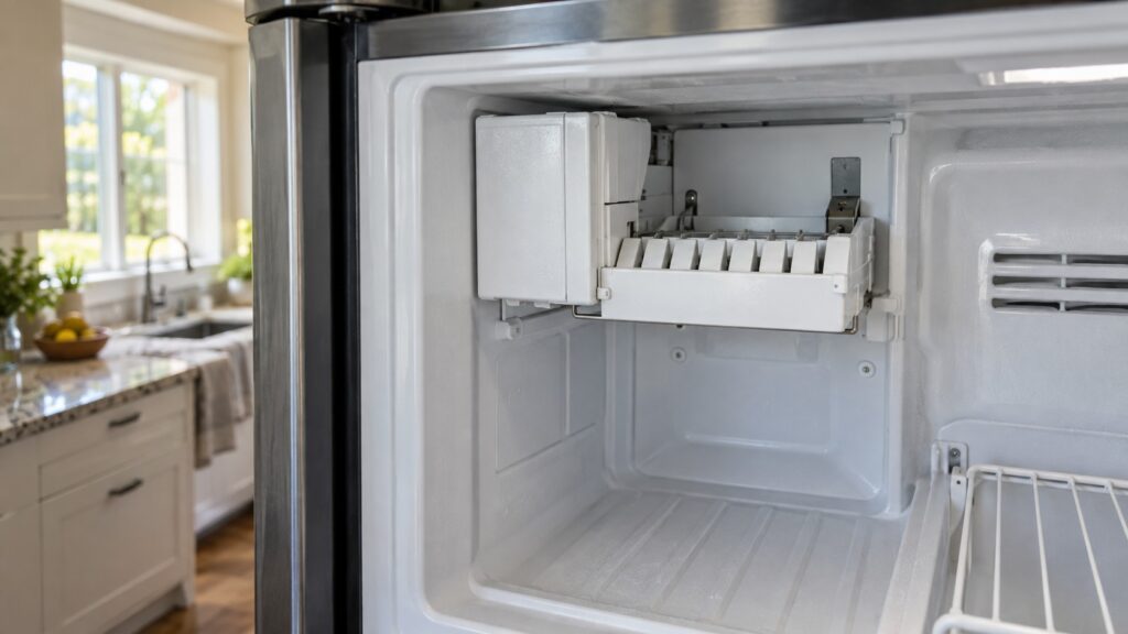 An ice maker module mounted inside a freezer compartment with the collection bin removed beneath it