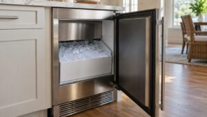 A stainless undercounter ice machine with its door open showing a bin full of clear ice cubes