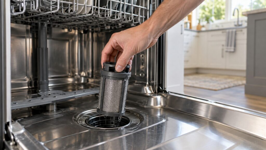 A hand lifting a cylindrical mesh filter out of the base of a dishwasher tub