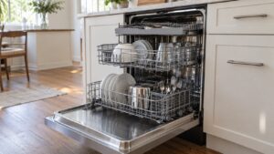 An open stainless dishwasher with both racks pulled out and a third utensil rack visible at the top