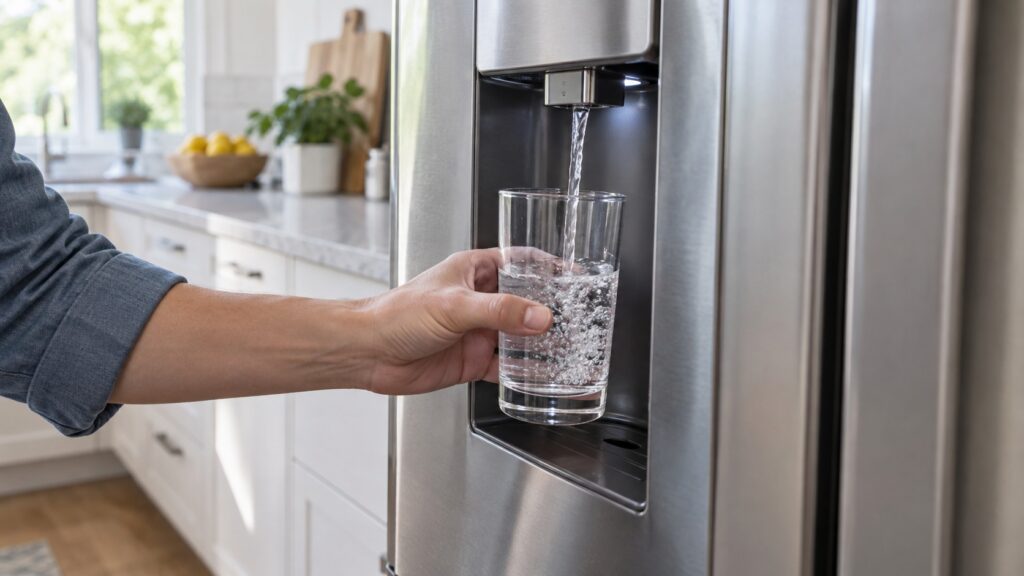 A glass being filled from a refrigerator door water dispenser with a steady stream