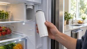 A cylindrical water filter cartridge held beside its open housing inside a refrigerator compartment