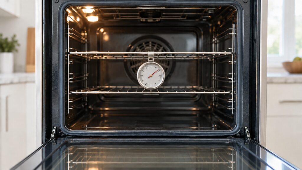 A dial oven thermometer hanging from the middle rack inside an empty oven cavity