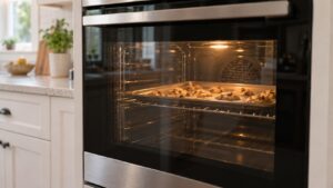 A tray of baking sitting on the middle rack inside a lit oven cavity seen through the closed door glass