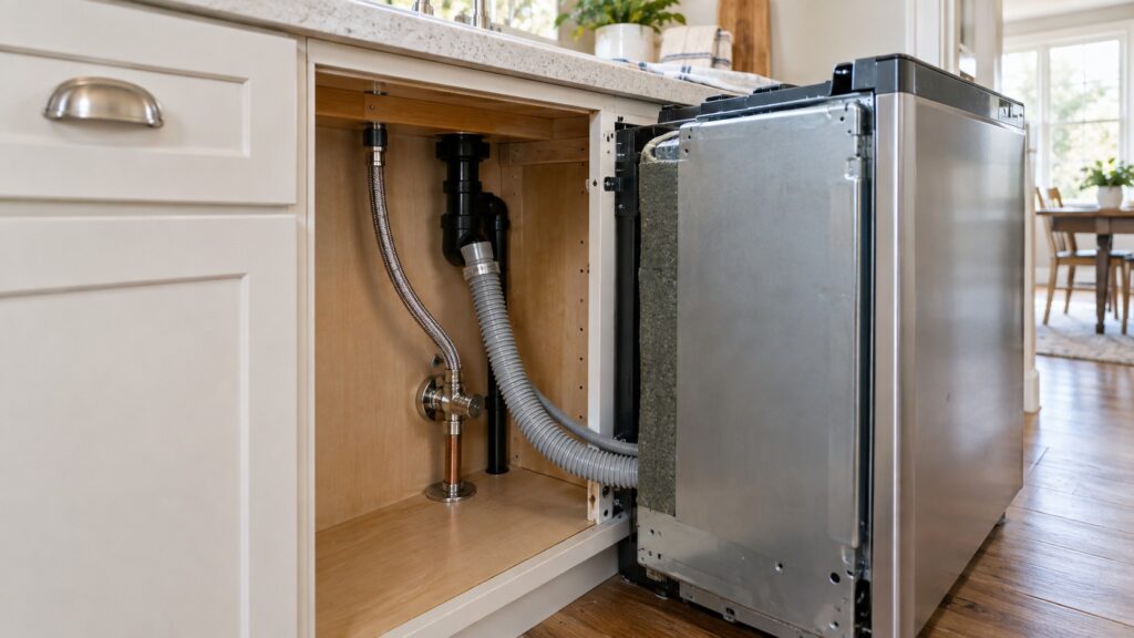 A drain line and a braided water supply line running behind a built-in undercounter appliance in an open cabinet