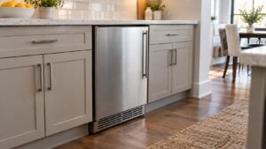 A stainless undercounter ice machine built into a run of kitchen base cabinets with its base grille visible