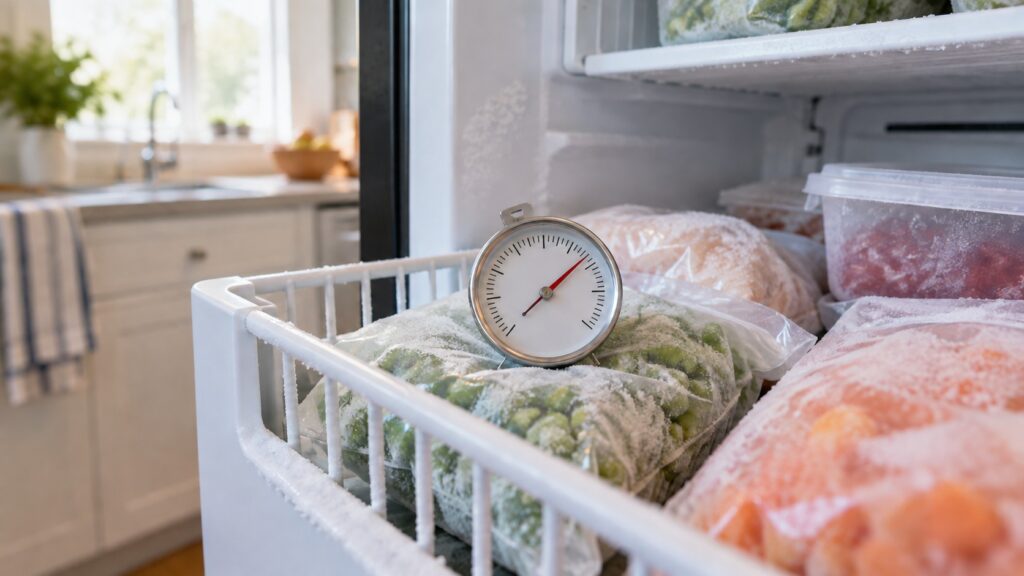 A small dial thermometer sitting on a basket of frozen food inside a freezer compartment
