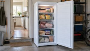An upright standalone freezer standing in a garage with its door open showing full baskets of frozen food