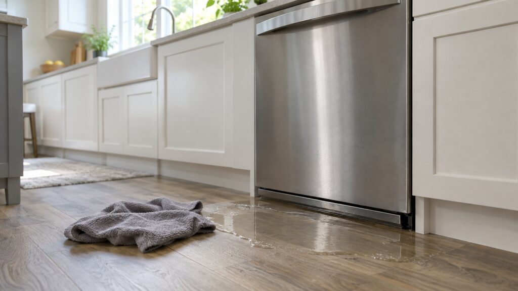 A small pool of water on a kitchen floor at the front edge of a closed dishwasher with a cloth beside it
