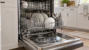 An open built-in dishwasher with the lower rack pulled out and the filter well visible in the base of the tub