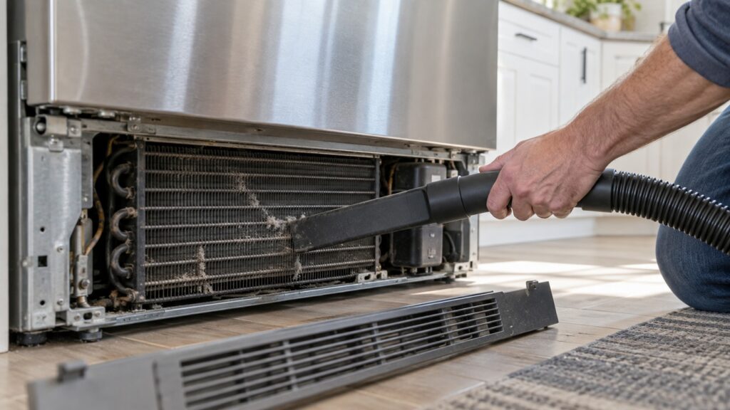 A vacuum crevice tool held against the condenser coils behind the removed base grille of a refrigerator