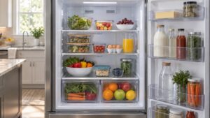 An open refrigerator with well organized shelves of food, clear vents at the back and crisper drawers below