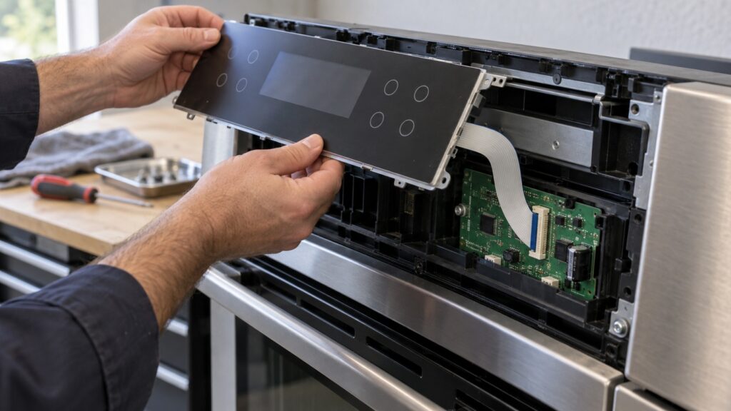 A membrane touchpad panel lifted away from an oven control console to show the flat ribbon cable running to the user interface board