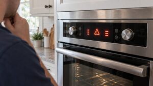 The lit control panel of a built-in stainless steel wall oven showing a fault code on its display in a bright American kitchen