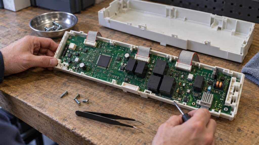An oven electronic control board removed from its housing on a workbench, showing the memory chip, the relays and the ribbon connectors