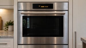 The display of a stainless steel wall oven showing a fault code while the oven interior stays dark, seen straight on in a home kitchen