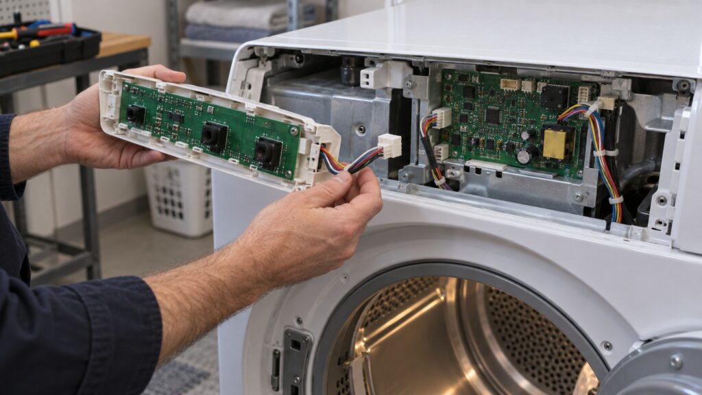 The user interface board of a clothes dryer lifted out of the console with its wiring harness unplugged, showing the connector that links it to the main control board