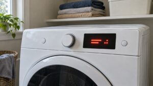 The control panel of a white front-loading clothes dryer showing a fault code on its display in an American laundry room