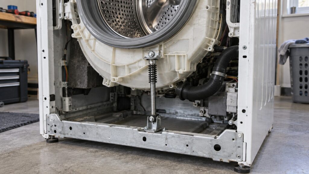 The inside of a washing machine cabinet with the front panel removed, showing a suspension rod running from the tub to the base of the frame