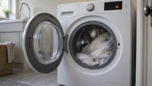 An open front-loading washing machine with a wet comforter bunched to one side of the drum and a fault code lit on the panel above