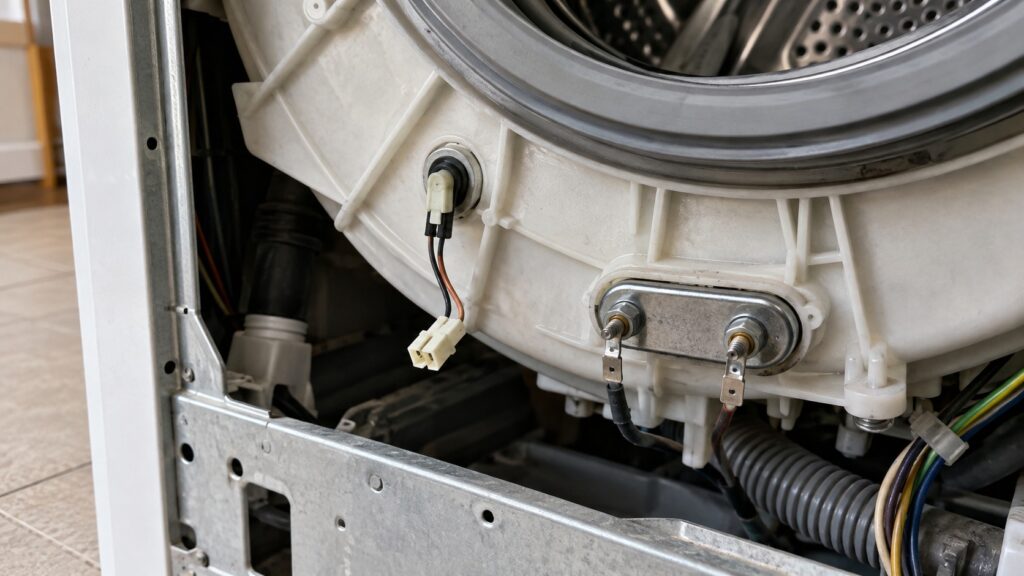 A temperature sensor fitted to the outer tub of a washing machine with its two-wire connector unplugged and the heater terminals visible alongside