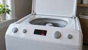 The console of a white top-loading washing machine showing a fault code on its display, with the lid open behind it in a home laundry room