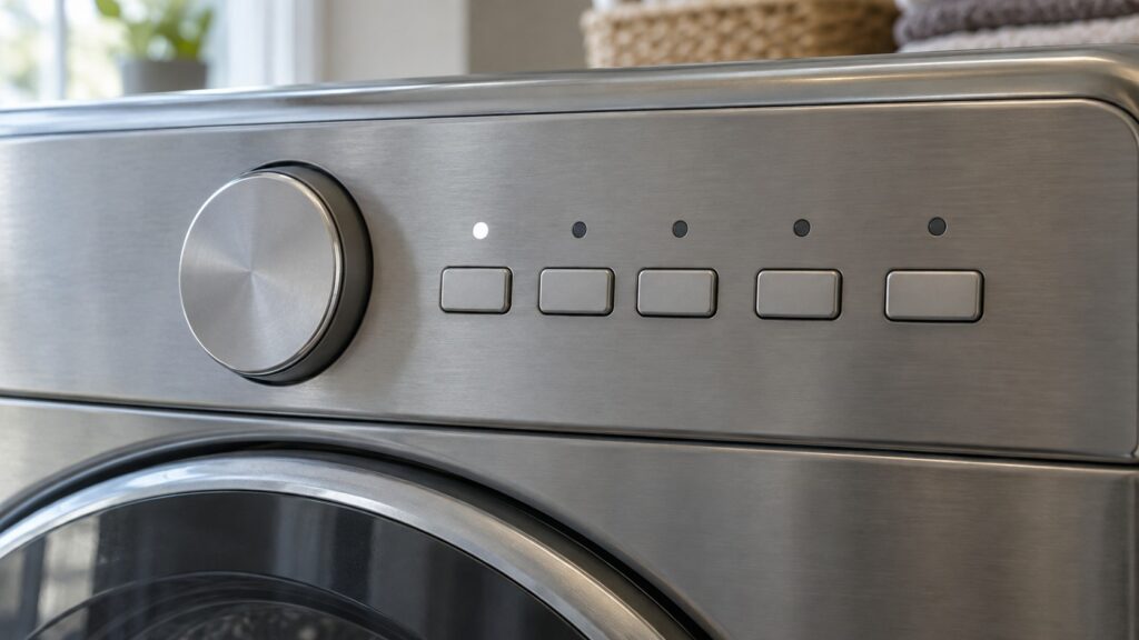 A close-up of a dryer control panel showing a row of cycle selection buttons