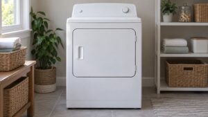 A front view of a white dryer with its door closed in a laundry room
