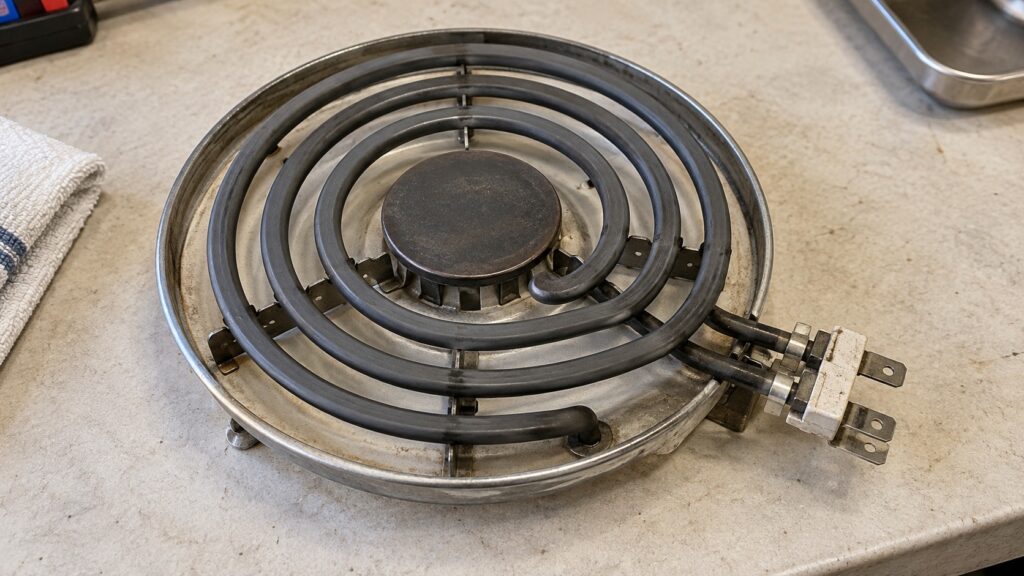 A close-up of a dual-ring electric burner element removed from a cooktop, showing inner and outer coils