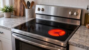 A stainless steel electric range with visible burner rings, one glowing at high heat