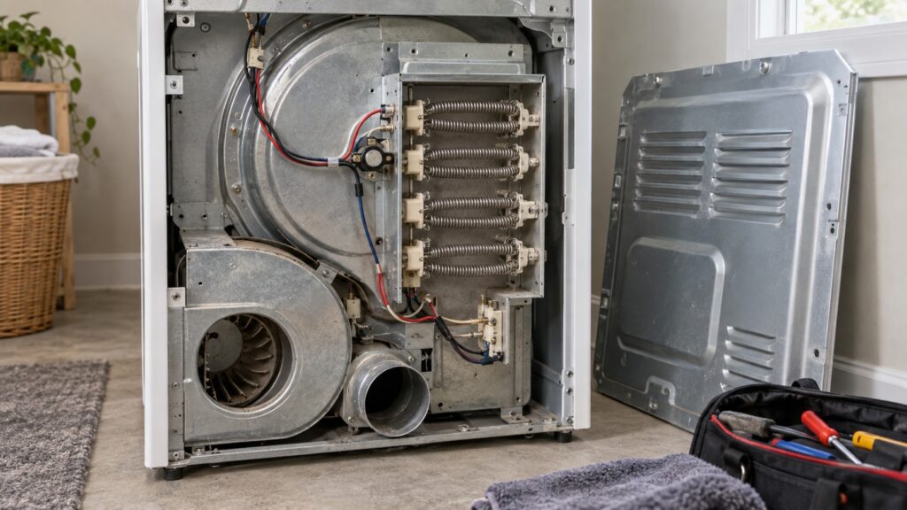 A dryer's rear access panel removed, exposing the heating element coil assembly