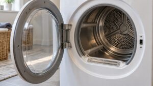An open dryer door showing the drum interior with a moisture sensor bar visible