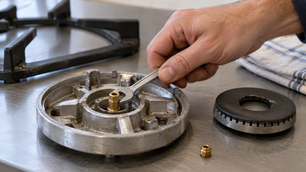 A technician's hand using a small wrench to replace a burner orifice on a removed cooktop burner