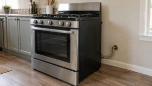 A freestanding gas range against a kitchen wall with a flexible gas connector visible beneath it