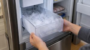 A pulled-out ice bin from a refrigerator freezer compartment with visible ice cubes inside