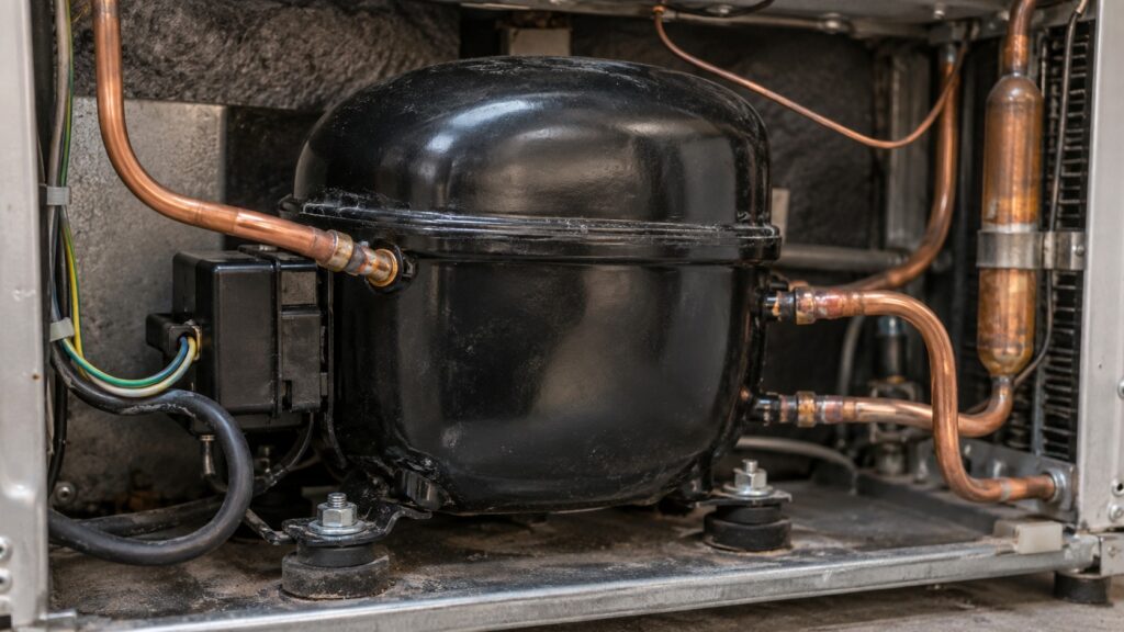 A close-up of a refrigerator compressor with copper refrigerant lines connected to it