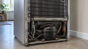 The back of a refrigerator pulled away from the wall, showing the compressor compartment