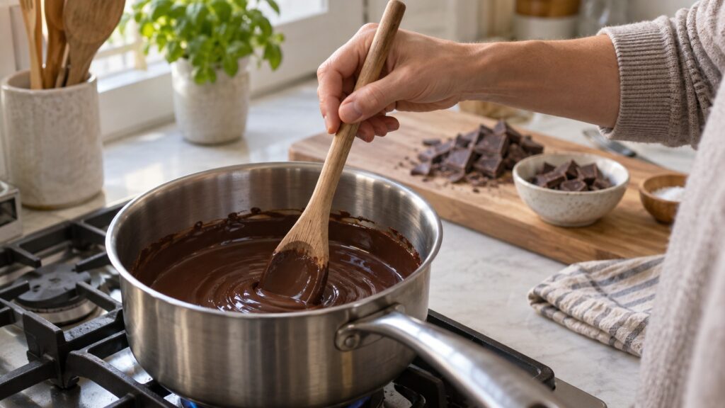 A hand stirring a pot of melted chocolate on a low range burner setting