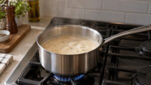 A small saucepan with a cream sauce simmering gently on a range burner, light steam rising