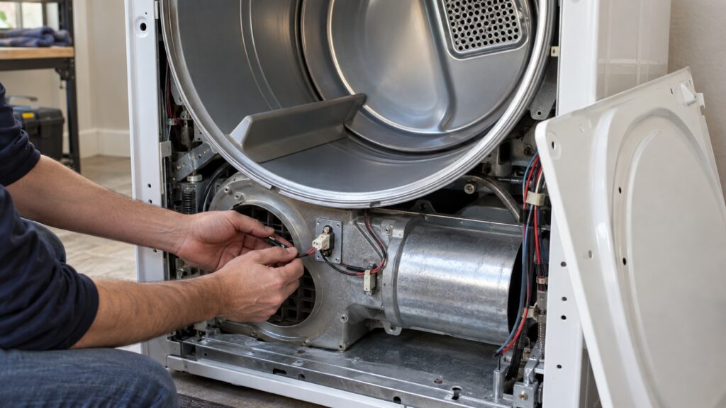 A dryer's front panel removed, showing a small sensor mounted near the air inlet duct