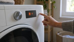 A dryer's control display glowing with an unreadable fault code, a hand reaching toward the power button