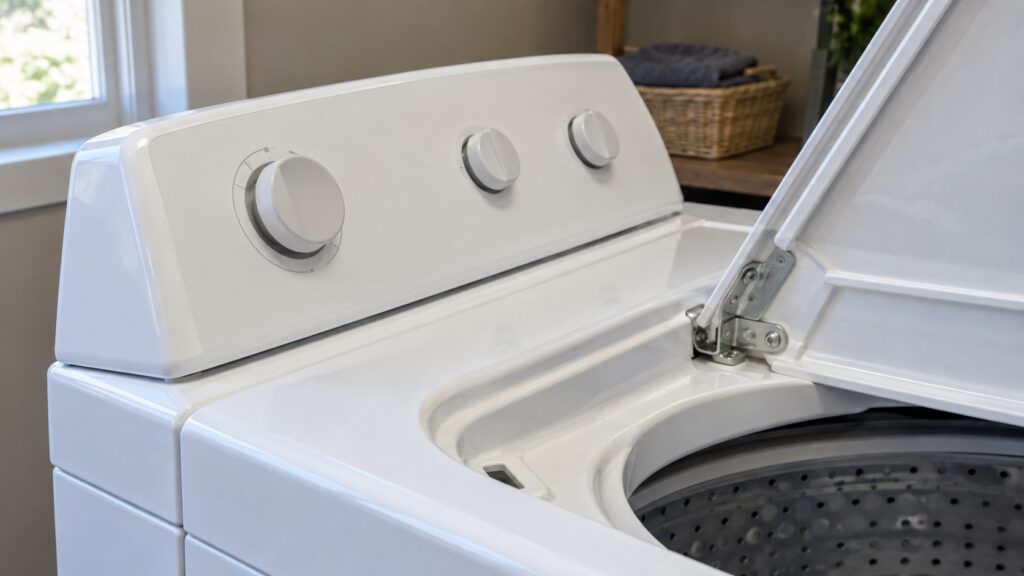 A close view of the control console and lid hinge area of a white top-load washer
