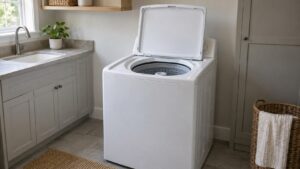 A white top-load washer with its lid open in a laundry room, the empty drum visible and the control console unreadable