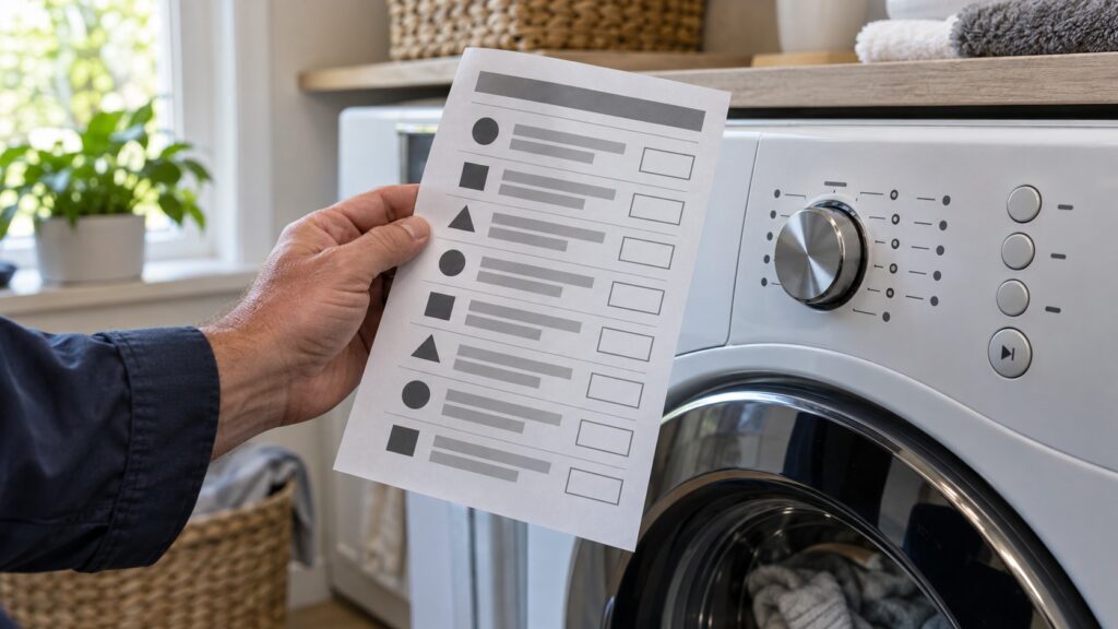 A hand holding a printed code cheat sheet next to a washer control panel