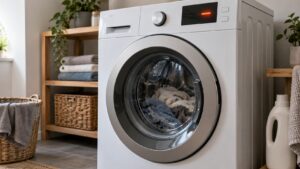 A front-load washer door with an unreadable fault indicator glowing on its display