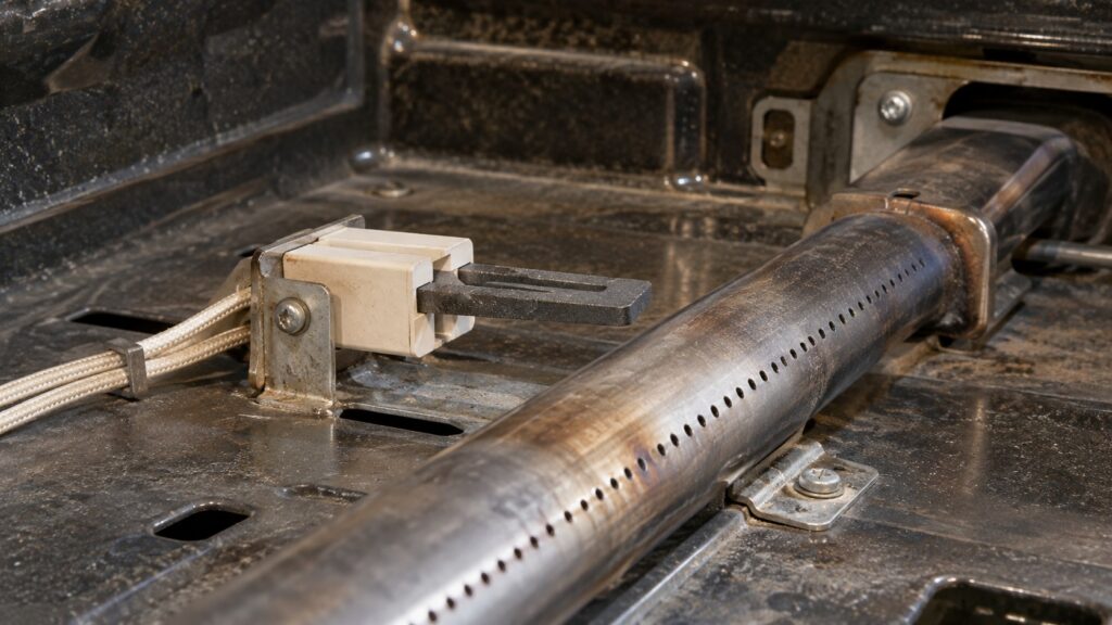 A close view of a hot-surface oven igniter mounted next to a burner tube