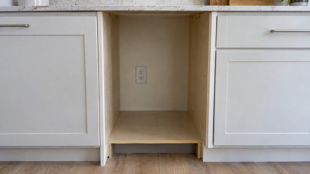 An empty 15 inch cabinet opening with a power outlet location and toe-kick area