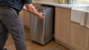 A 15 inch trash compactor being slid into a cabinet opening in a kitchen