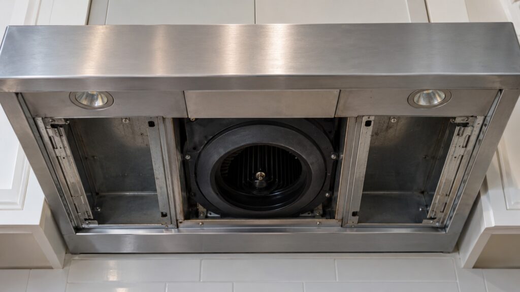 The underside of a range hood showing the empty filter slots and the blower opening