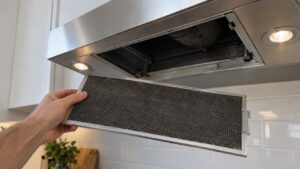 An under-cabinet range hood with its filter panel removed and a dark filter held in one hand